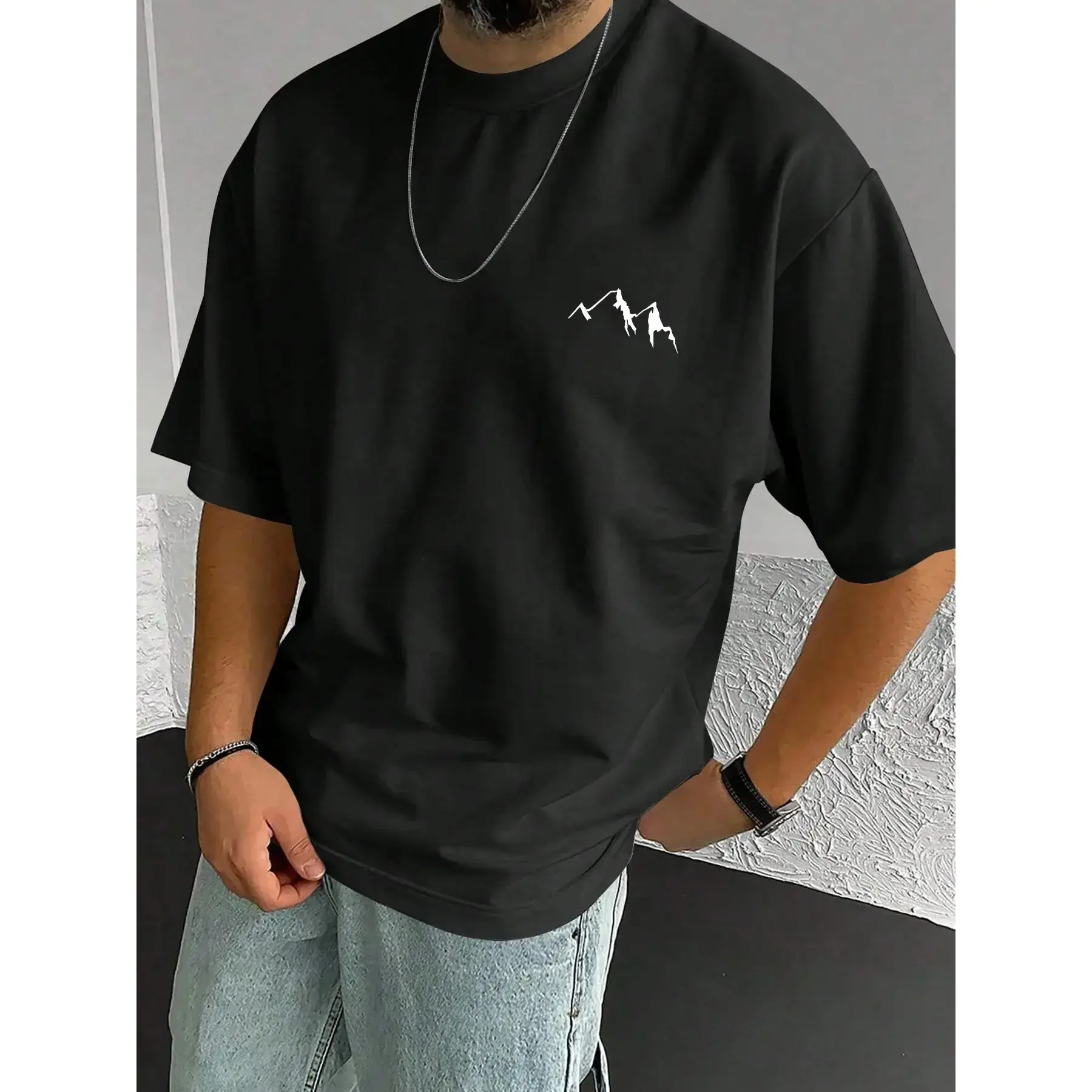 Men's  Athletic T-Shirt - Minimalist Earth-Tone Mountain & Geometric Prints, Casual Urban Style for Summer Vacations, Camping