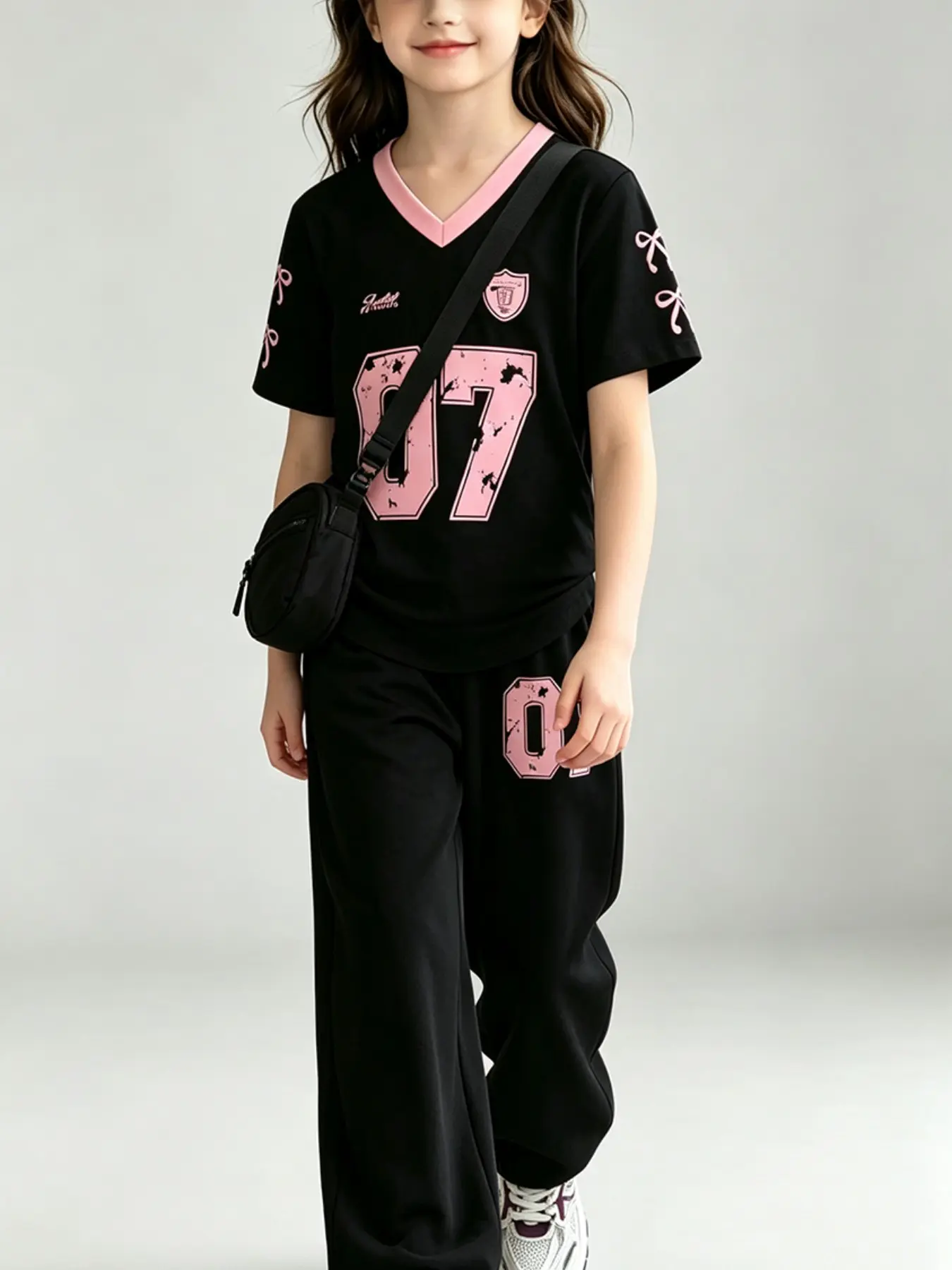 Girls Y2K Sweet Sporty Tracksuit, Athletic Set, V Neck Bow Sleeve Top, Wide Leg Pants, Soft Breathable Fabric, Perfect for Girls