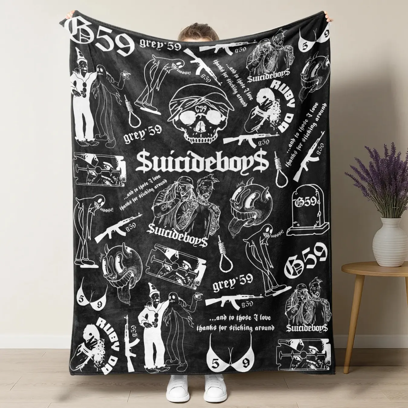 Retro Punk Full Wrap Print Blanket, Premium Soft Fleece Pink Black Horror Skull & Clown Art Blanket Versatile For Sofa Nap Camping And Fan Collectible Present
