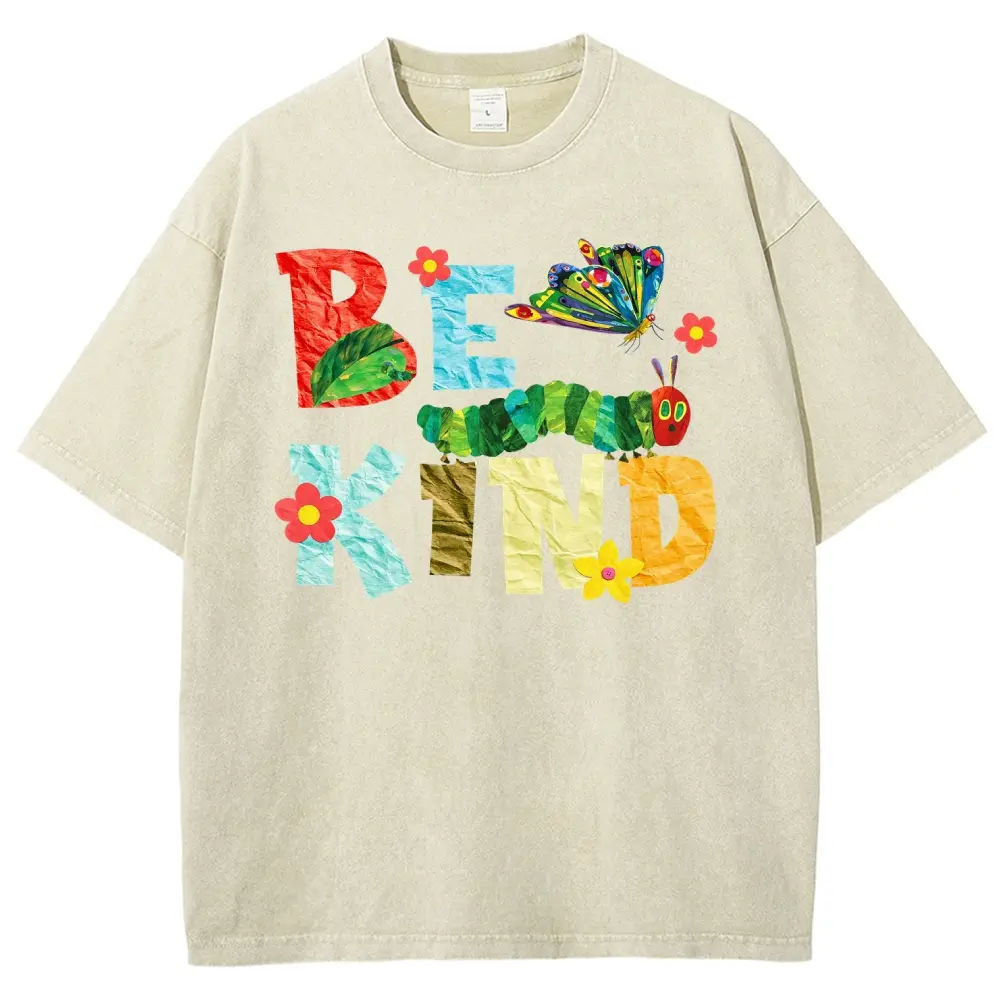 Be Kind Paper Collage Bug Butterfly Floral Vintage Washed Tee Unisex Graphict Washed T-Shirt Personalized Pattern Y2k Clothing Round Neck Washed T-Shirt,Women's Clothing, Menswear, Top, Vintage Style,Summer Casual Oversized