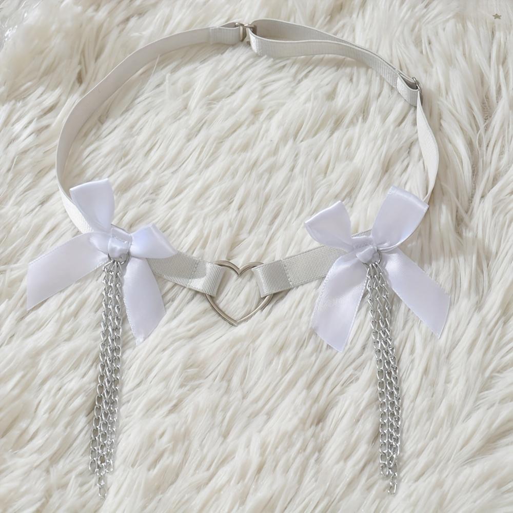 Women's Wedding Garter with White Bow, Tassel, Body Chain, Heart-Shaped Ring, Adjustable Body Harness for Dance Carnival Costume Accessories