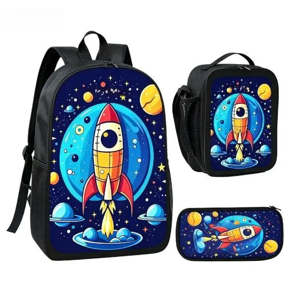 3pcs Set Unisex Large Capacity Backpacks, Spaceship Print, 2D Print Pattern, Adjustable Straps, Zipper Closure, Multifunctional Double Shoulder Bag, Crossbody Bag, And Pencil Case, Back-To-School Season, School, Camping, Travel, For Teenager