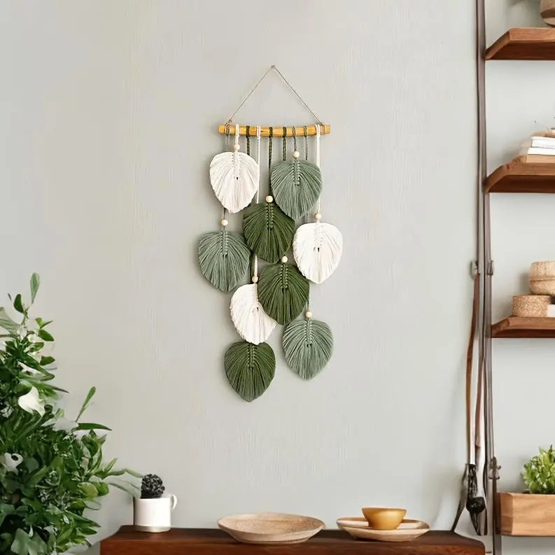 Hand-Woven Leaf Macrame Wall Hanging Tapestry, Artistic Boho Wall Decor Ornament, Exquisite Background Hanging Decoration for Home Living Room, Bedroom & Office Interior Decor
