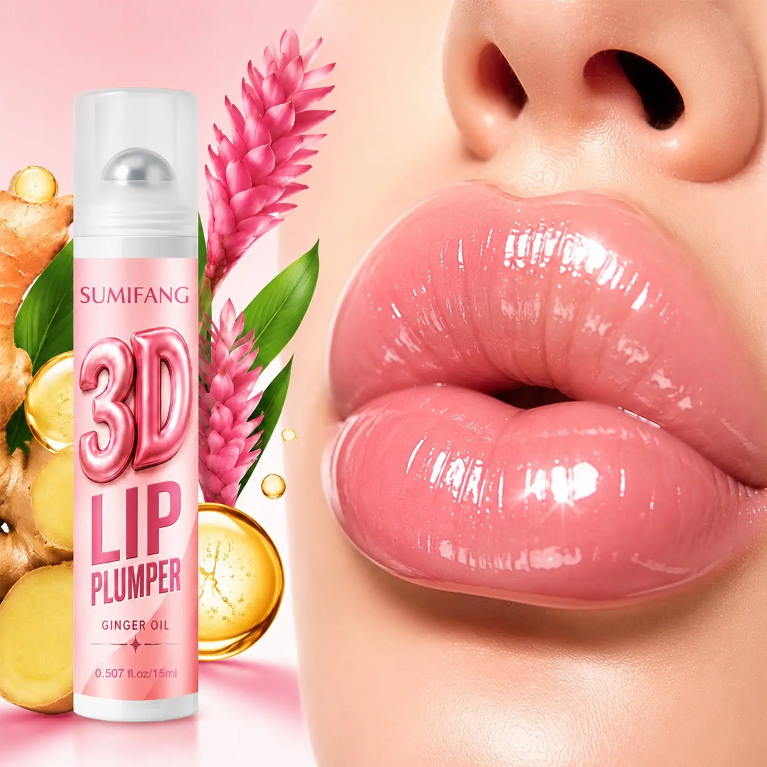 SUMIFANG 3D Lip Plumping Serum 15ml – Ginger Oil + Hydrolyzed Collagen + Hyaluronic Acid – Instant Plumping, Hydrating & Moisturizing, Adds Shine | 360° Cooling Metal Rollerball, Lightweight & Non-Sticky | Portable On-the-Go Care