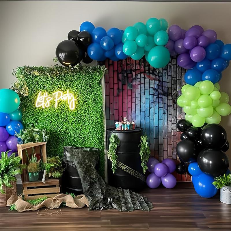 106 game themed balloon decoration set with sci-fi elements, blue, black, purple latex balloons, and black explosive star game controller are perfect for boys' game themed birthday parties, sci-fi themed parties, bachelor parties, baby showers