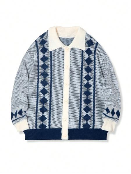 Men's Vintage Casual Wide Plaid Colorblock Polo Collar Button Front Sweater Coat, Perfect for Spring & Fall Seasons, Long Sleeve Knitwear