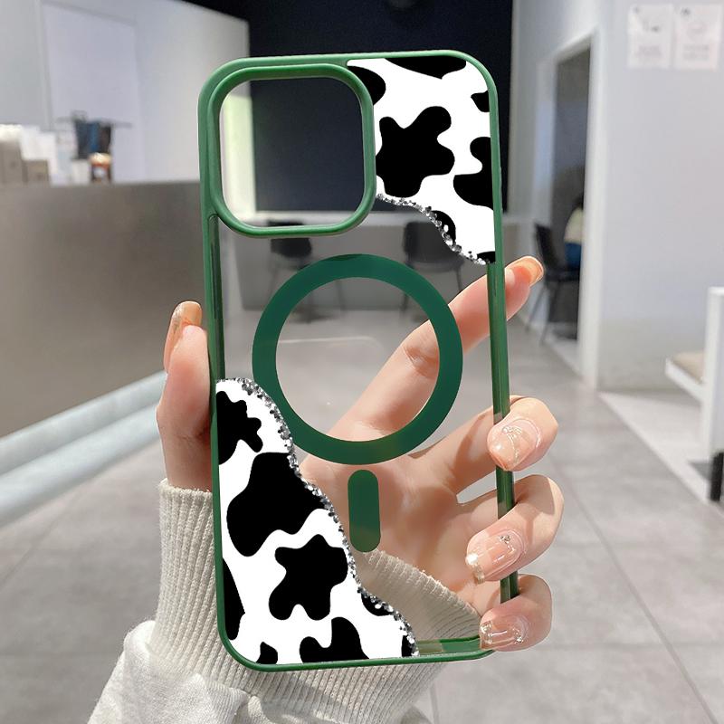 Cow Print Corner Pattern Magnetic Phone Case for IPhone 17 Pro Max 16 Plus 15 14 13 12 11 Air E Plus Non-Yellowing Clear Crystal Drop-proof Slim Silicone Shockproof Transparent Acrylic Cover Supports Wireless Charging