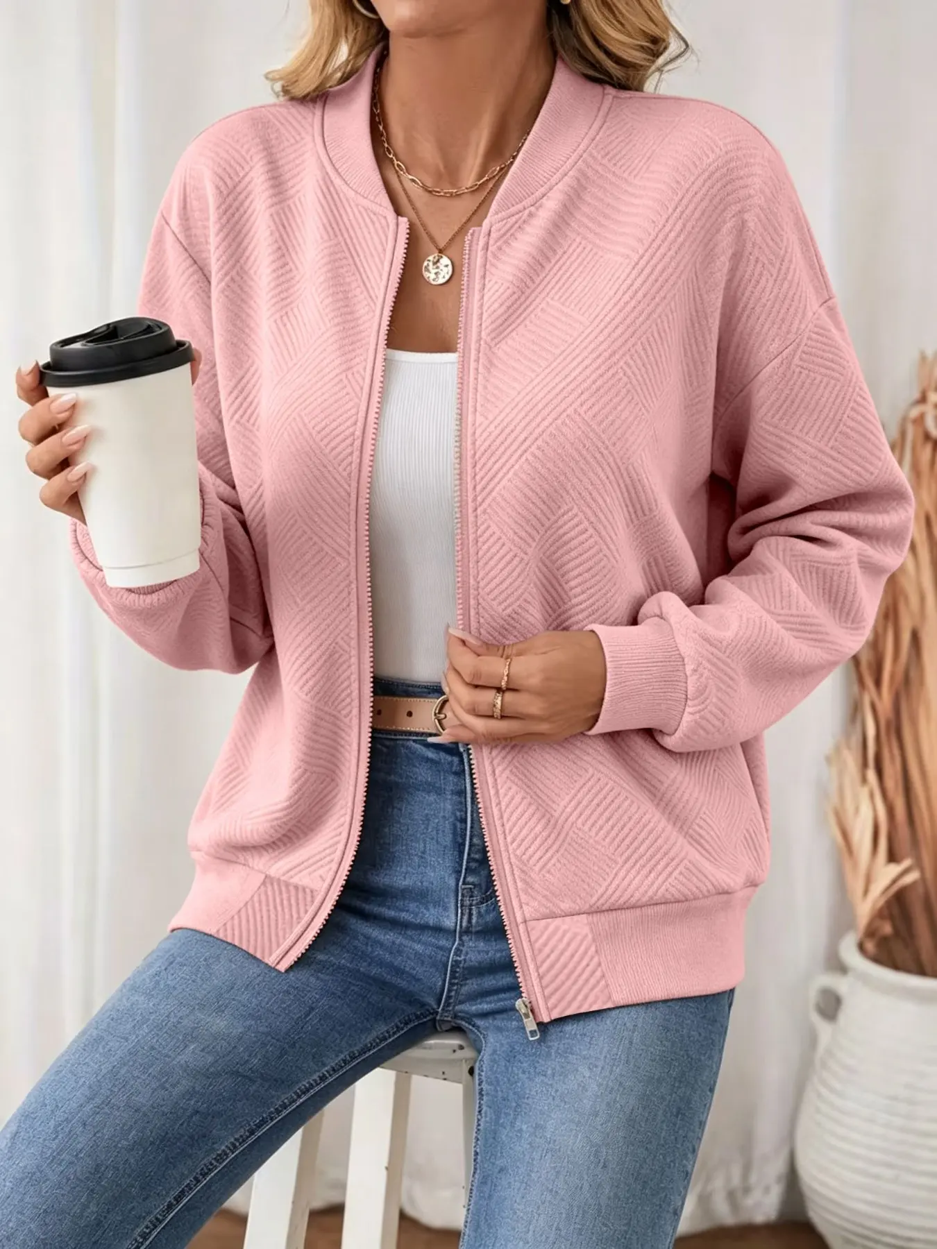 Women Diamond Embossed Baseball Collar Zip Up Jacket, Loose Casual Solid Long Sleeve Bomber Coat