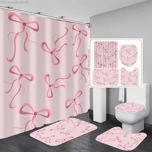 4Pcs Pink Bow Shower Curtain Set Cute Bathroom Shower Curtains with 12 Hooks Bow Knot Aesthetic Bathroom Sets with Shower Curtain and AccessoriesXXGlobalBasket8DD16MunchMingle