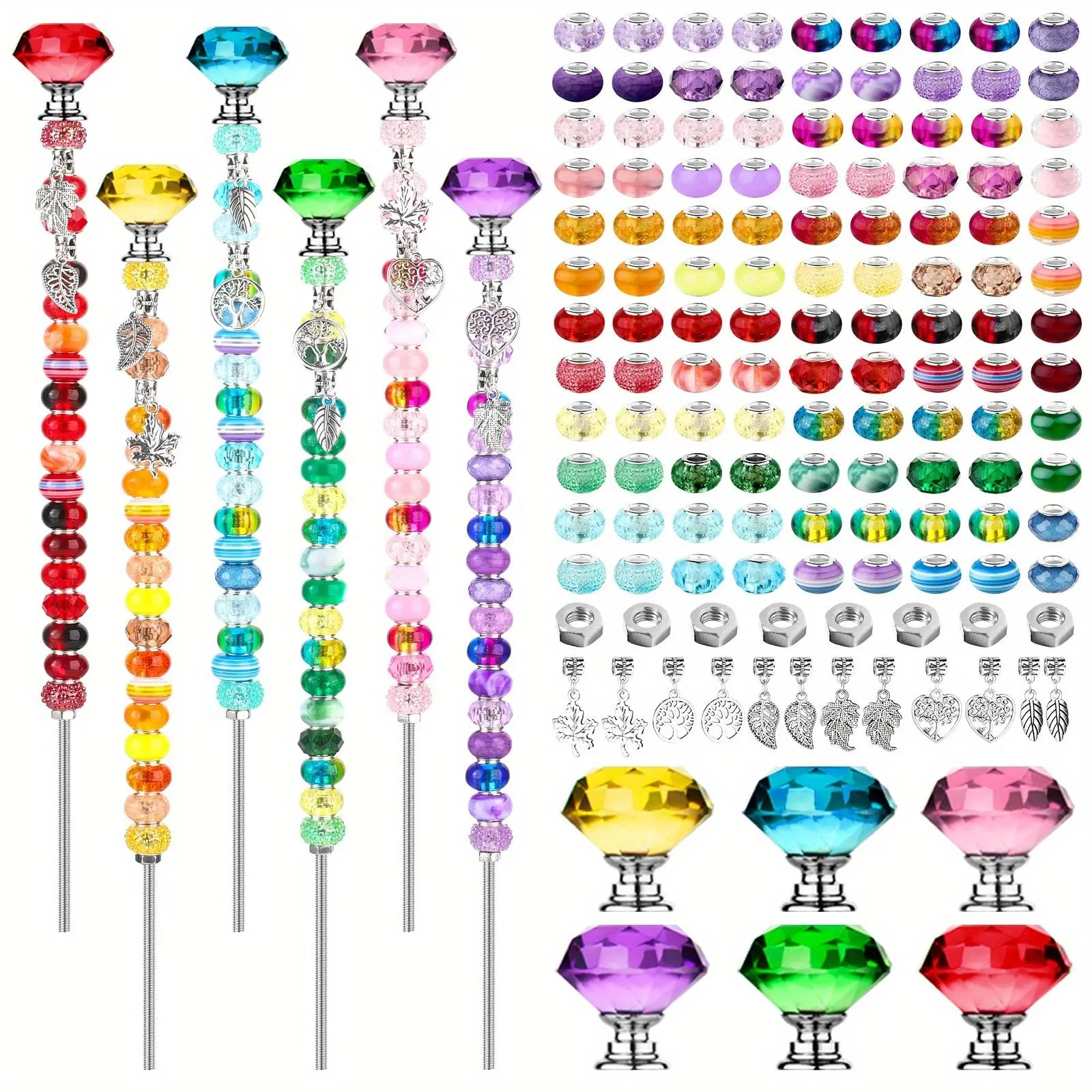 142pcs Fairy Garden Stake] 142pcs DIY Fairy Garden Stake Kit with Colorful Crystal Stopper Top & Silvery Charms | Beaded Garden Stake Set for Christmas, Holiday Gifts & Creative Craft Projects
