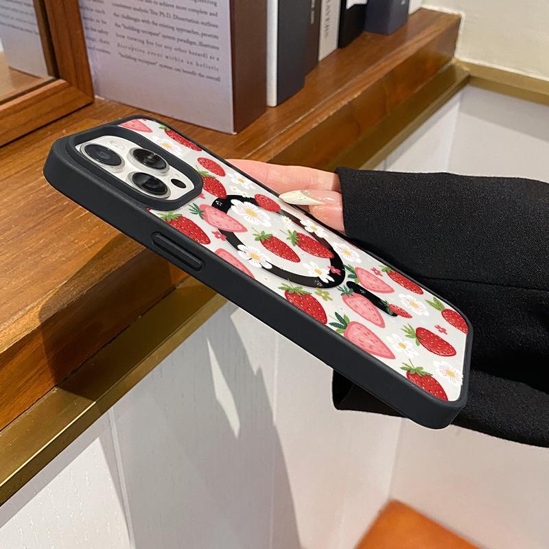 Strawberry Daisy Pattern Magnetic Phone Case Supports Wireless Charging for iPhone 17 15 16 14 Pro Max 13 12 11 XR XS Air Plus E Shockproof Non Slip Protection Silicone Transparent Acrylic Cover Cellphone Protective Smartphone Casing