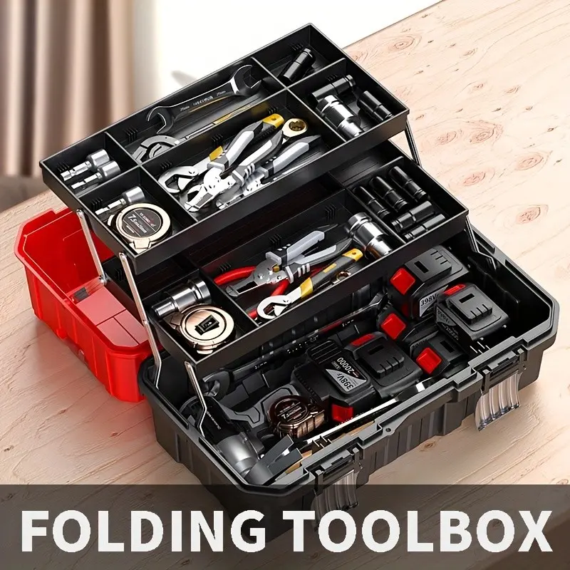 17/21 Inch Three-layer Folding Toolbox, Durable Waterproof Plastic Multi-layer Storage Box for Electrician And Carpenter, Waterproof Toolbox, Multifunctional Foldable Three-layer Design, Suitable for Home And Vehicle Maintenance.