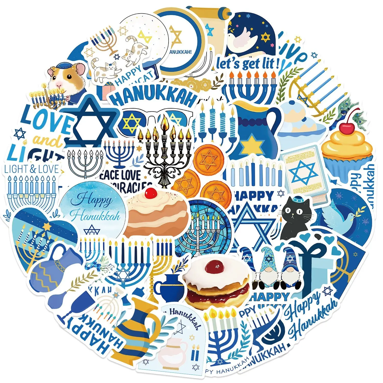 50 Sheets Hanukkah Stickers, Cartoon Student Thermos Phone Notebook Planner Poster Luggage DIY Wall Stickers, PVC Material, No Adhesive