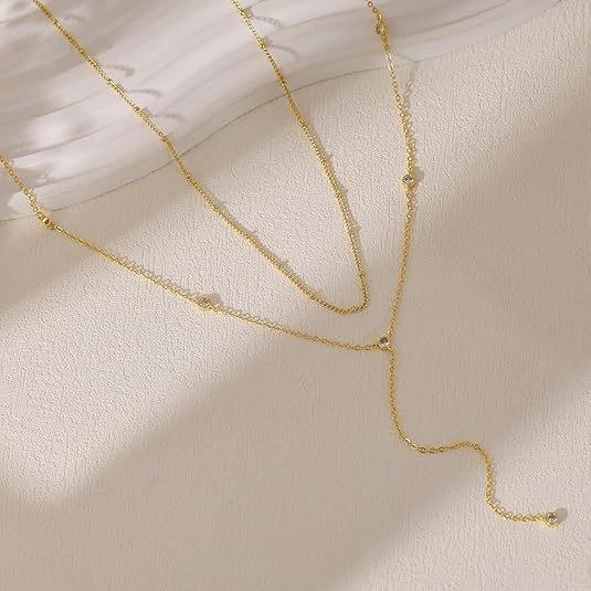 Luxury Gold Layered Necklace Set For Women Dainty CZ Pendant Lariat Y Necklace Bridal Gift For Her