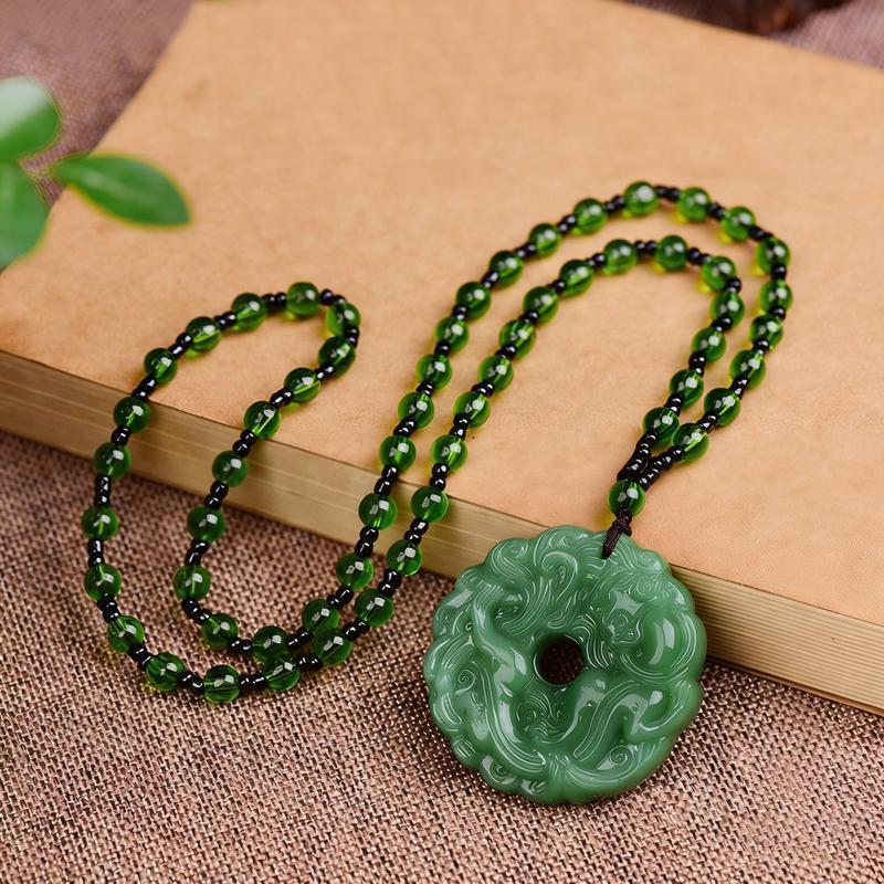 Green Jade Hand-Carved Pixiu Dragon Pendant Necklace Unisex Lucky Jewelry Wealth Attraction Protection Auspicious Amulet Christmas Birthday Gift