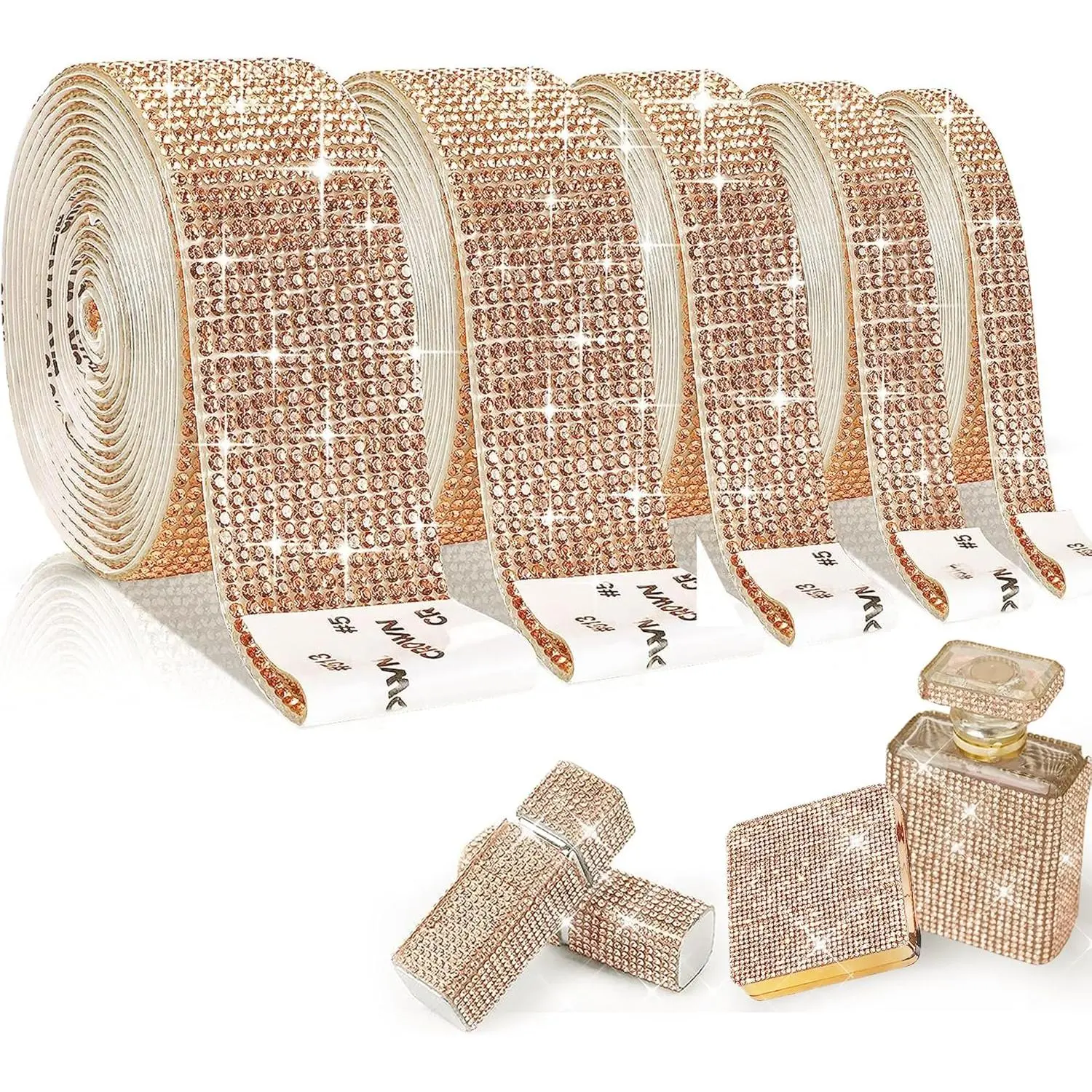 5 Rolls Self Adhesive  Rhinestone Ribbon,  Bling Tape with 2 mm Rhinestones Sticker for Arts Crafts Wedding Birthday Party DIY Event  Phone Decoration (Champagne)