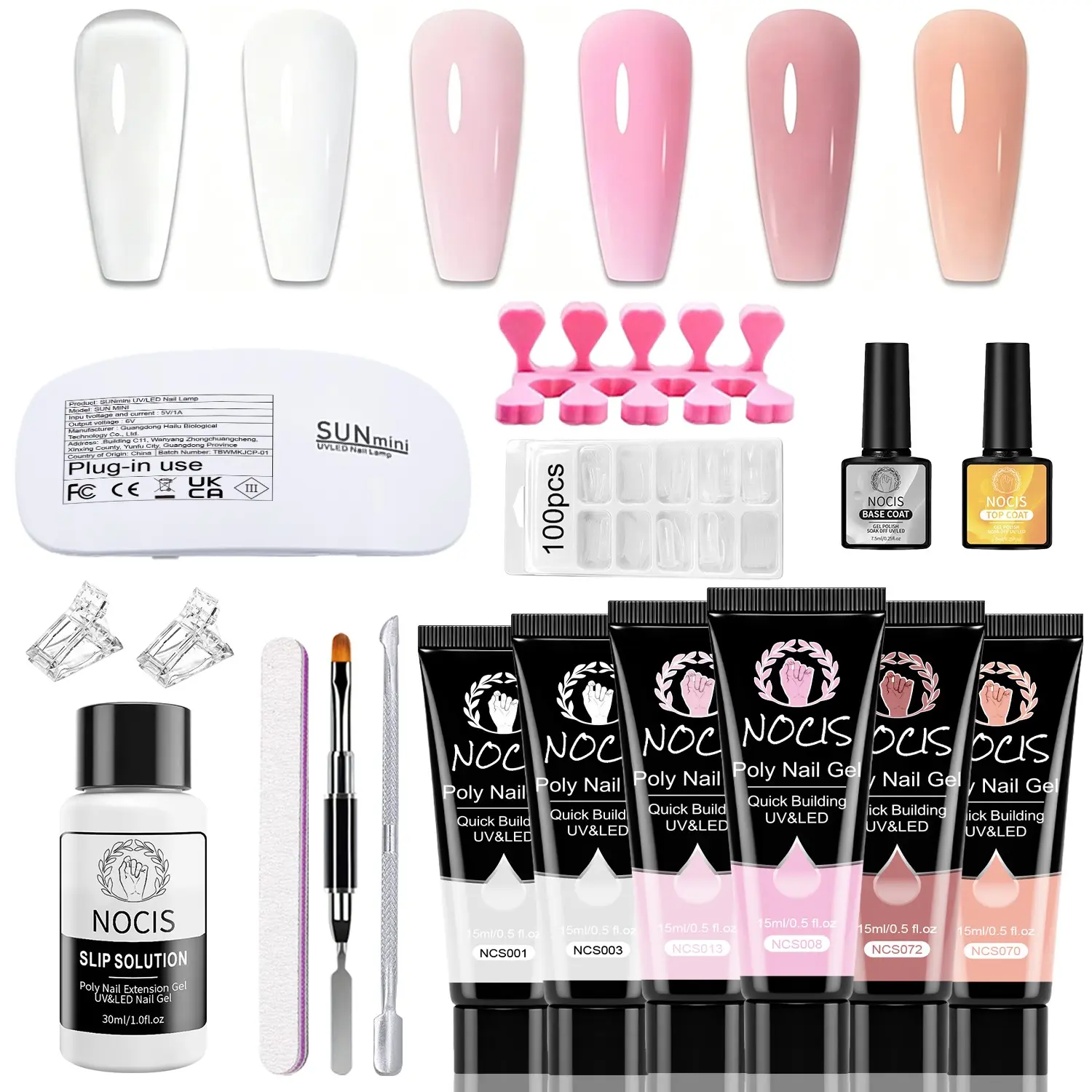 Nocis 6 Color Nail Extension Kit, Beginner Set with Mini UV Lamp, Base Gel, Top Coat, Tools, Perfect for Home DIY Manicure
