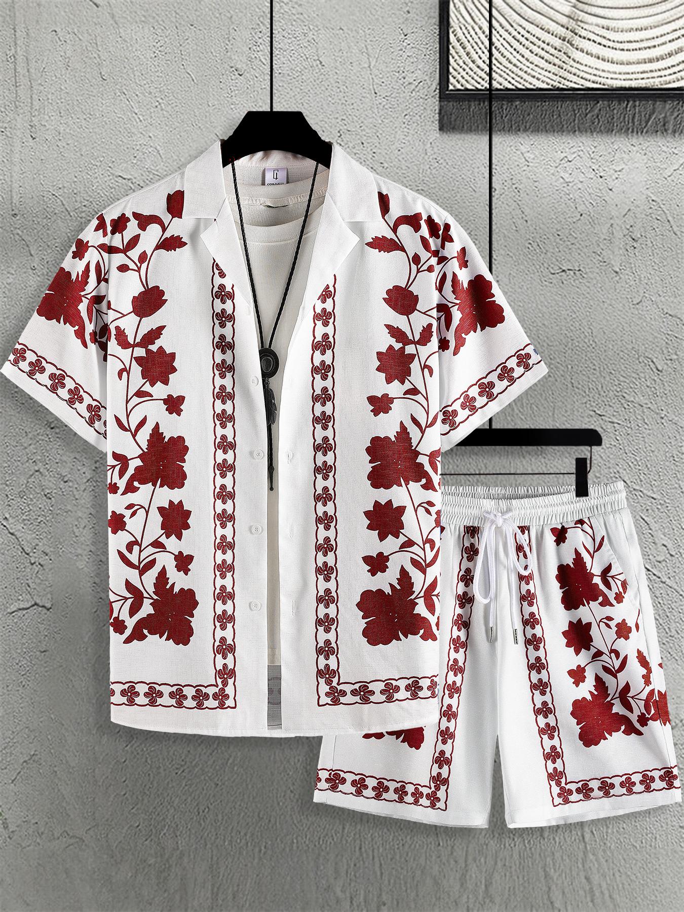 Men's Ethnic Pattern Button Front Shirt & Shorts Loungewear Two-Piece Set, Casual Comfy Short Sleeve Top & Shorts PJ Set, Men's Sleepwear for Summer