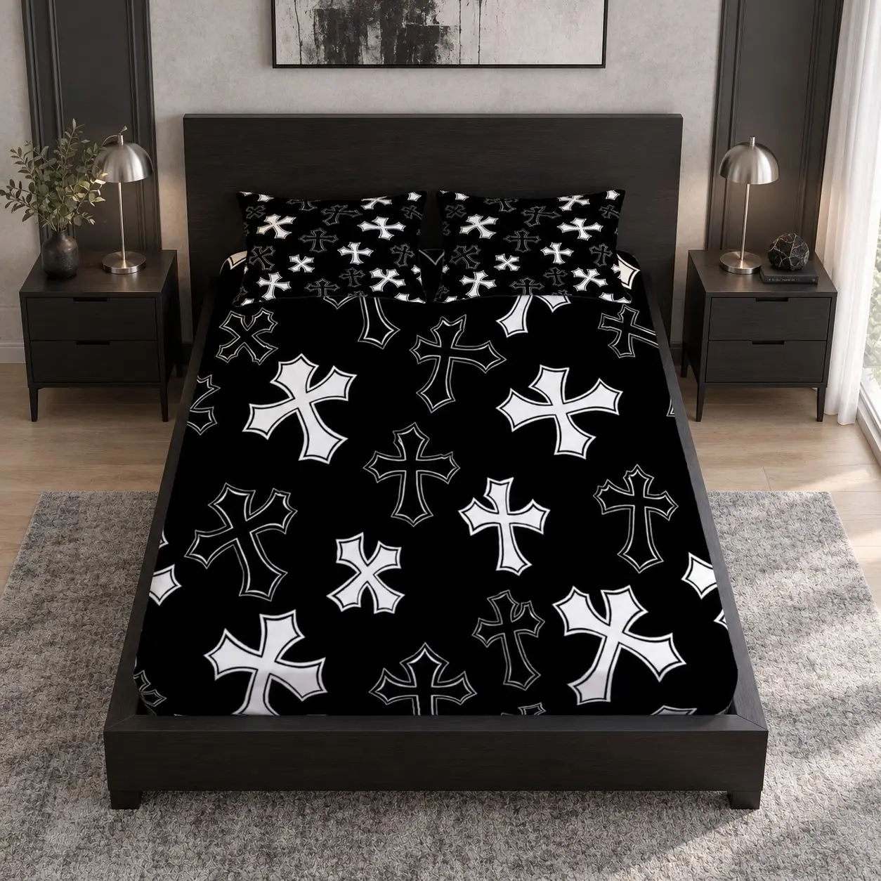 Black White Cross Seamless Print Fitted Sheet Set,1 Fitted Sheet + 2 Pillowcases,Gothic Dark Style Pattern,Microfiber Sheet Set,Polyester Bedding,All Season Use,Deep Pocket,Non‑Slip,for Gothic Style Lovers Bedroom Decor