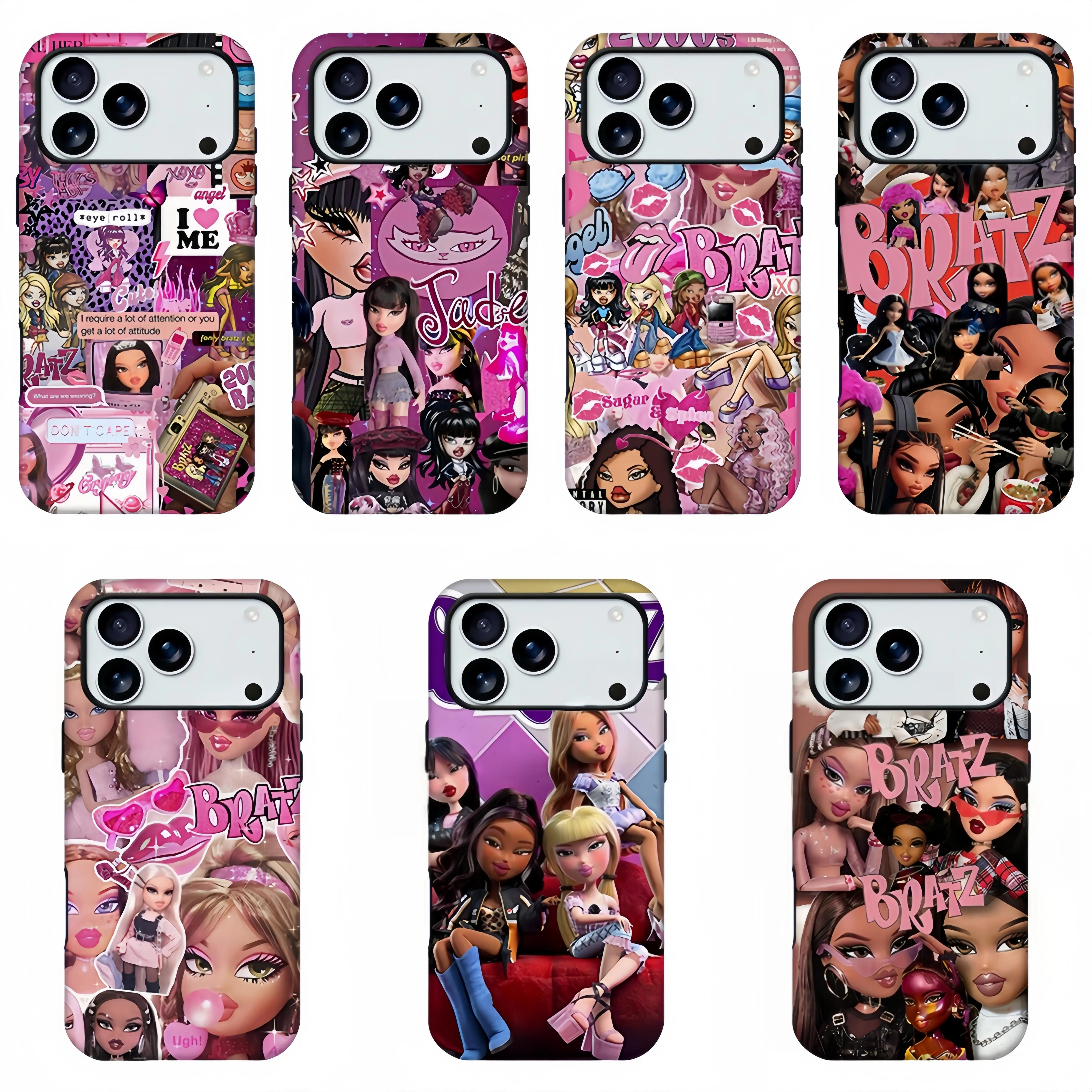 Y2K Bratz Doll Collage Phone Case for iPhone, Pink Girly Aesthetic Cartoon Baddie Sticker Print Shockproof Silicone Protective Cover for iPhone 11/12/13/14/15/16/17 promax and Samsung S23-S26.Perfect for Her/Him Girly Phone Cases lovely gift