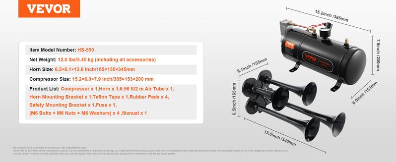 VEVOR Train Horns Kit, 4 Trumpet Air Horn Kit, 150dB Train Horns for Pickup Trucks, 12V 120 psi Air Compressor 0.8 Gal/3 L Tank with Gauge for Any 12V Vehicle Car Truck Train Van Boat Power Sound Accessory VEVOR Super Brand Day