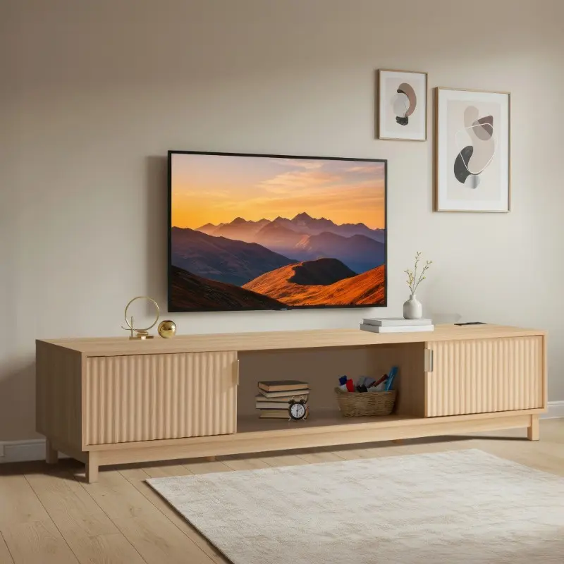 58/70 Modern TV Stand, Natural Wood Grain Entertainment Center for 65/ 75 Inch TVs, Console Table with Fluted Doors and Storage