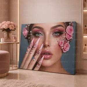 Pink Glam Beauty Portrait Canvas Wall Art for Bedroom, Vanity Room, Makeup Studio, Beauty Salon, Entryway Decor, Feminine Fashion Face Poster, Unframed Canvas Poster or Framed Canvas Wrap