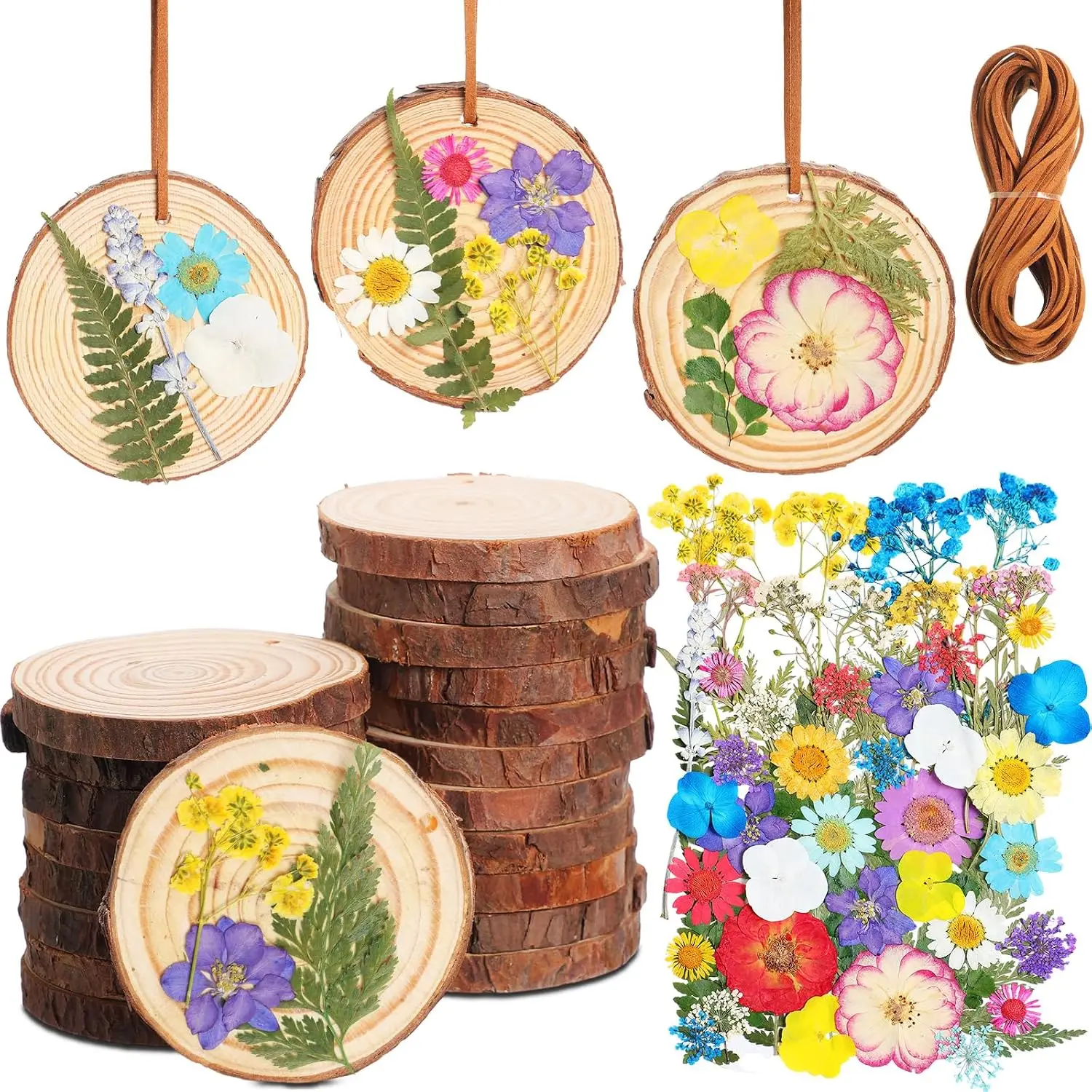 20 Set DIY Wooden Crafts with Dried Pressed  Leaves Unfinished  Slices  Ornaments for Art School Project Classroom  Decoration Fall Gifts()