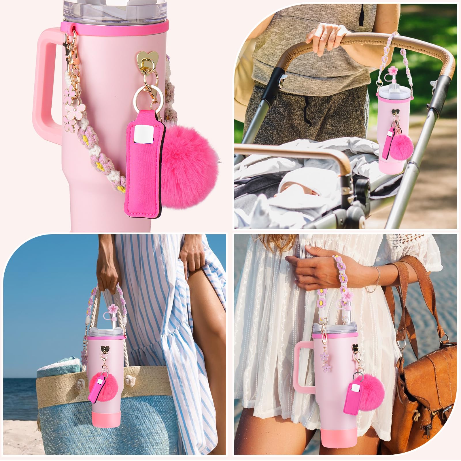 Cup Accessories for 30oz & 40oz Tumbler with Handle, 8 Counts/set Including Handle Strap & Bottle Bottom Cover & Keychain Charms & Straw Topper Cover Cap & Straw Spout Lid, Party Gift, Drink Protectors
