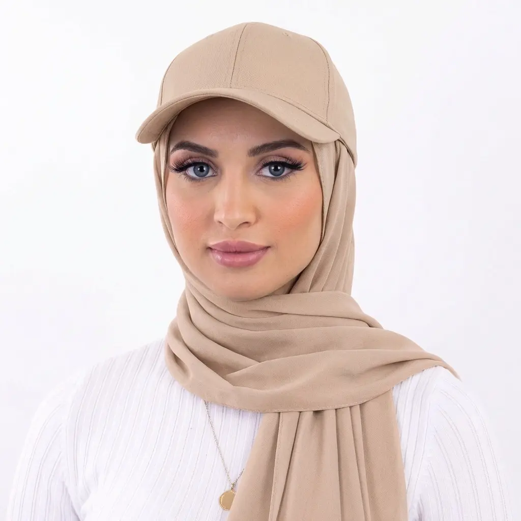 Viral 2 in 1 Baseball Cap Hijab Scarf Combo Solid Nude Beige Sun Visor Curved Brim Full Coverage Neck Wrap Modest Activewear Women Daily Outdoor