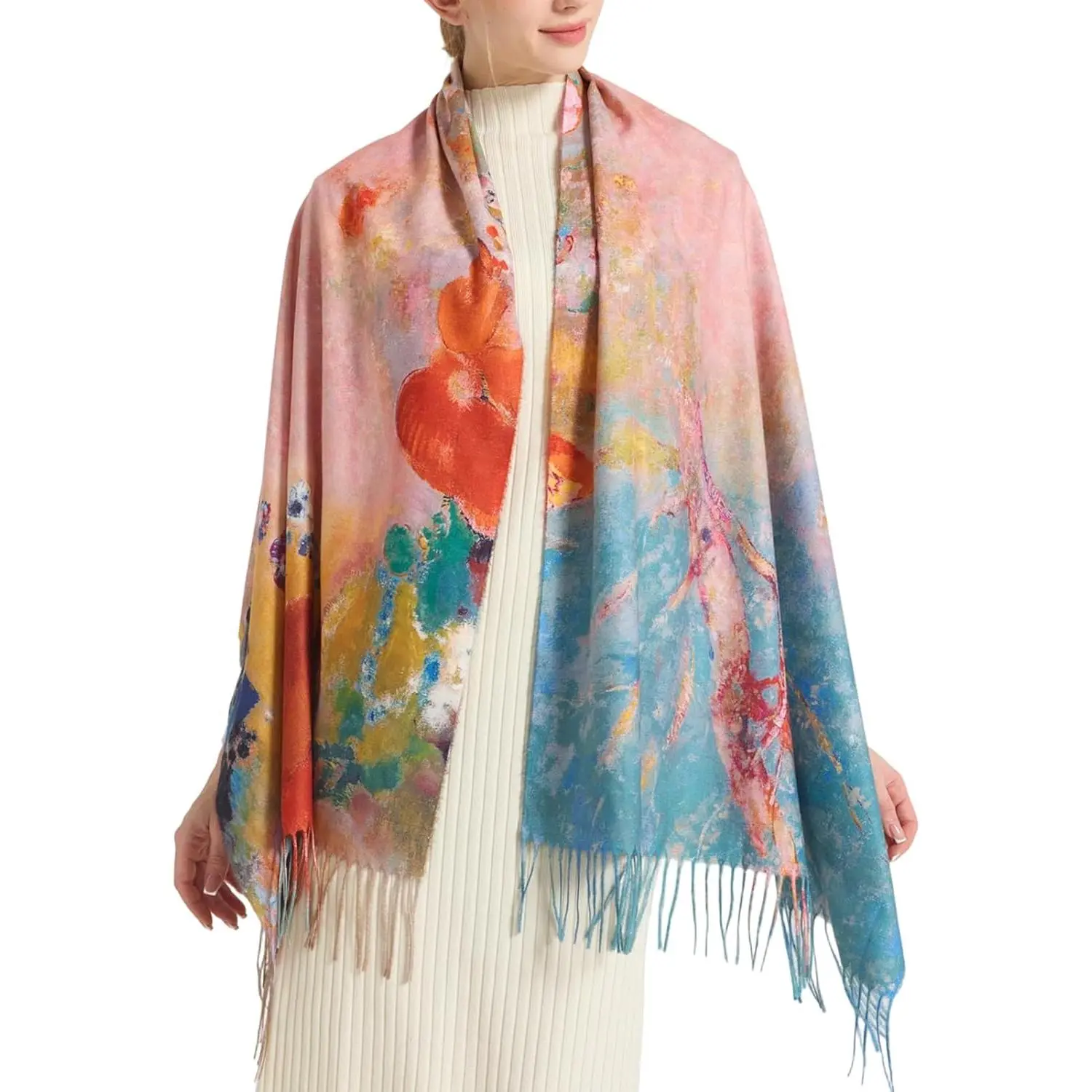 Reversible Pashmina Scarf - Double-Side Scarf For Women Winter Shawl Wrap Monet Van Gogh Art Printing Scarves