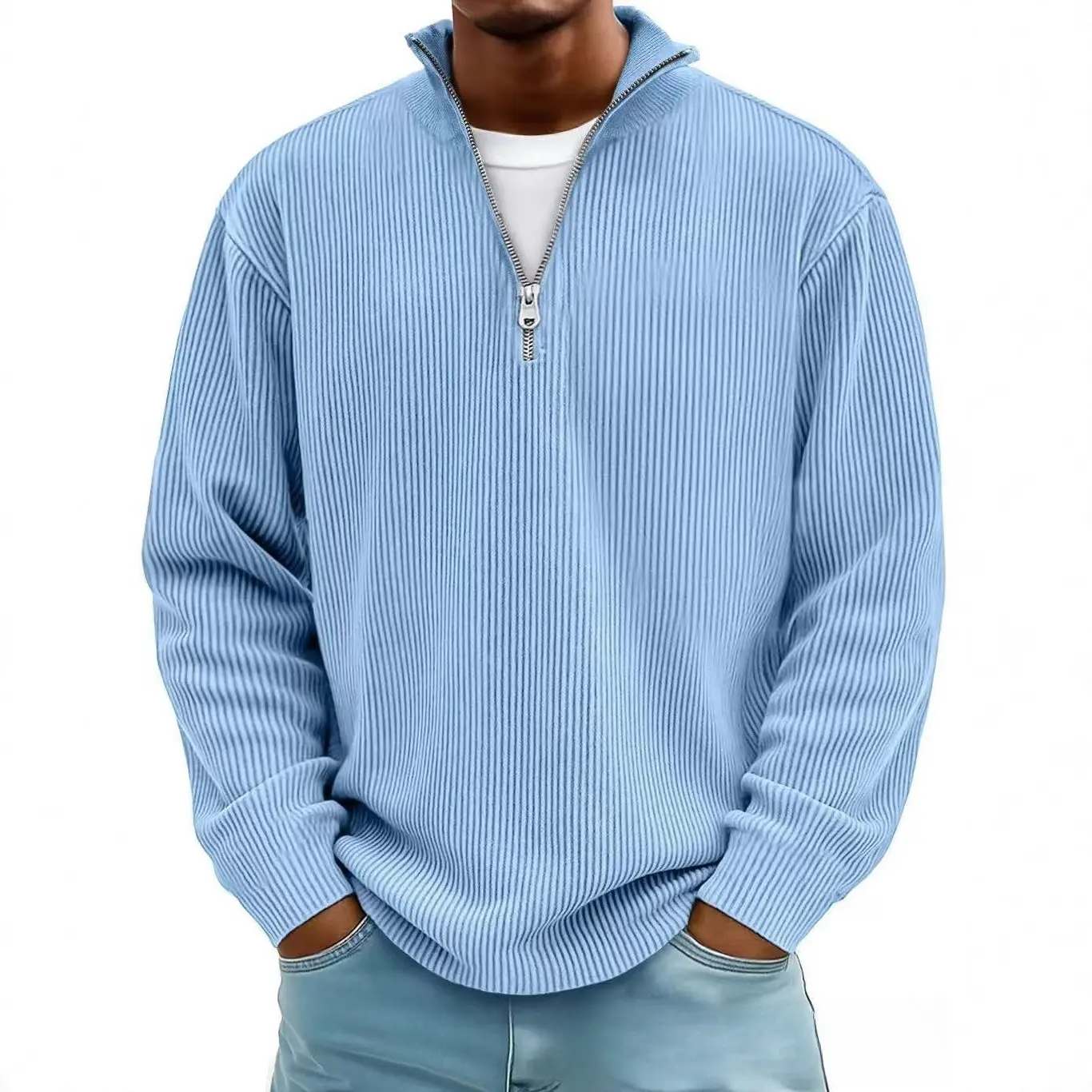 Men's Quarter Zip Ribbed Pullover Sweatshirt, Casual Long Sleeve Mock Neck Top, Relaxed Fit Textured Shirt for Fall Winter, Streetwear, Daily Wear, Travel, Lounge, Work, Layering and Everyday Casual Outfits