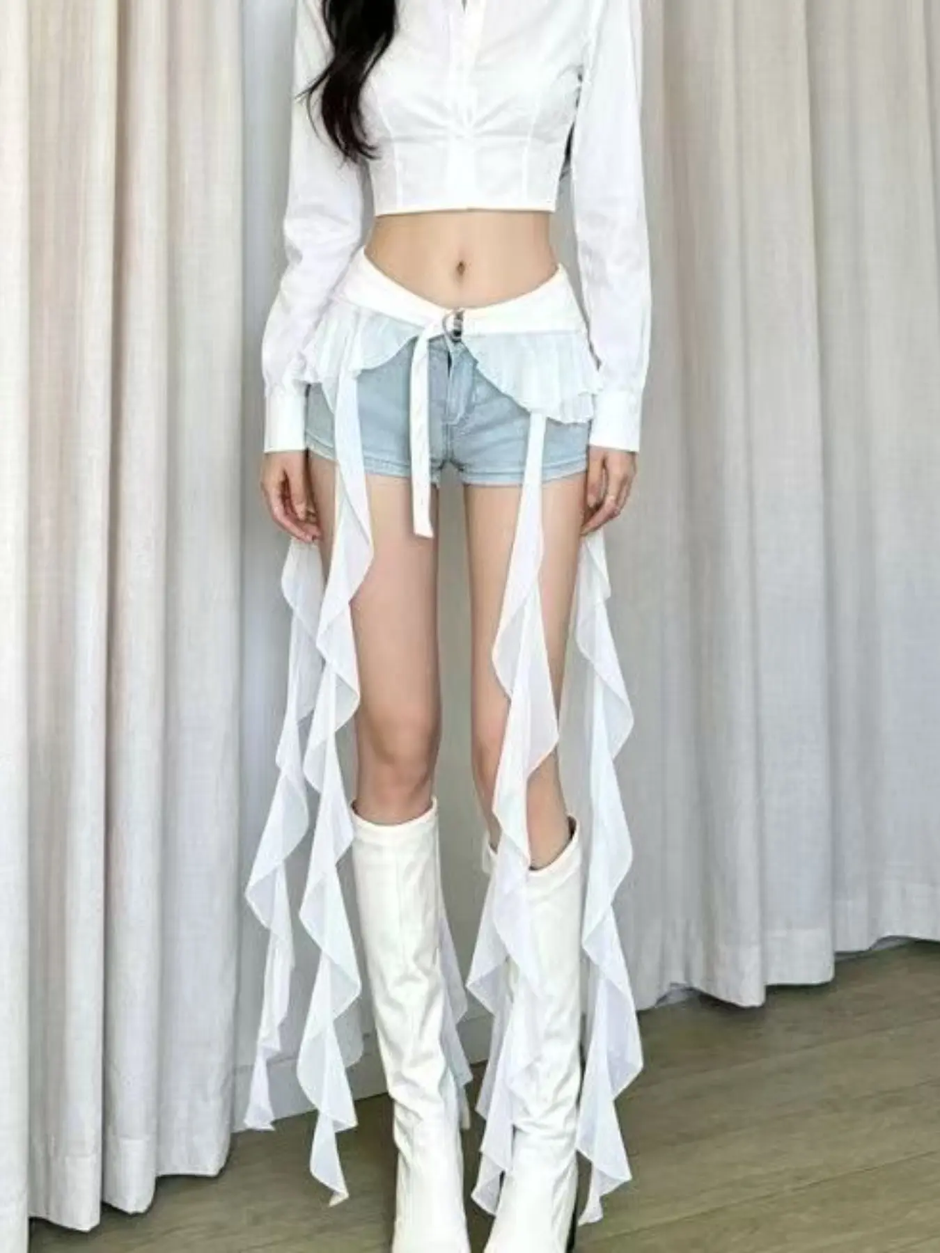 Millennial Style Asymmetrical Chiffon Skirt, Multi-Layered Ruffle Hem, Long Wave Tie Waist Apron, Casual Streetwear, Nightclub, Wedding Photoshoot