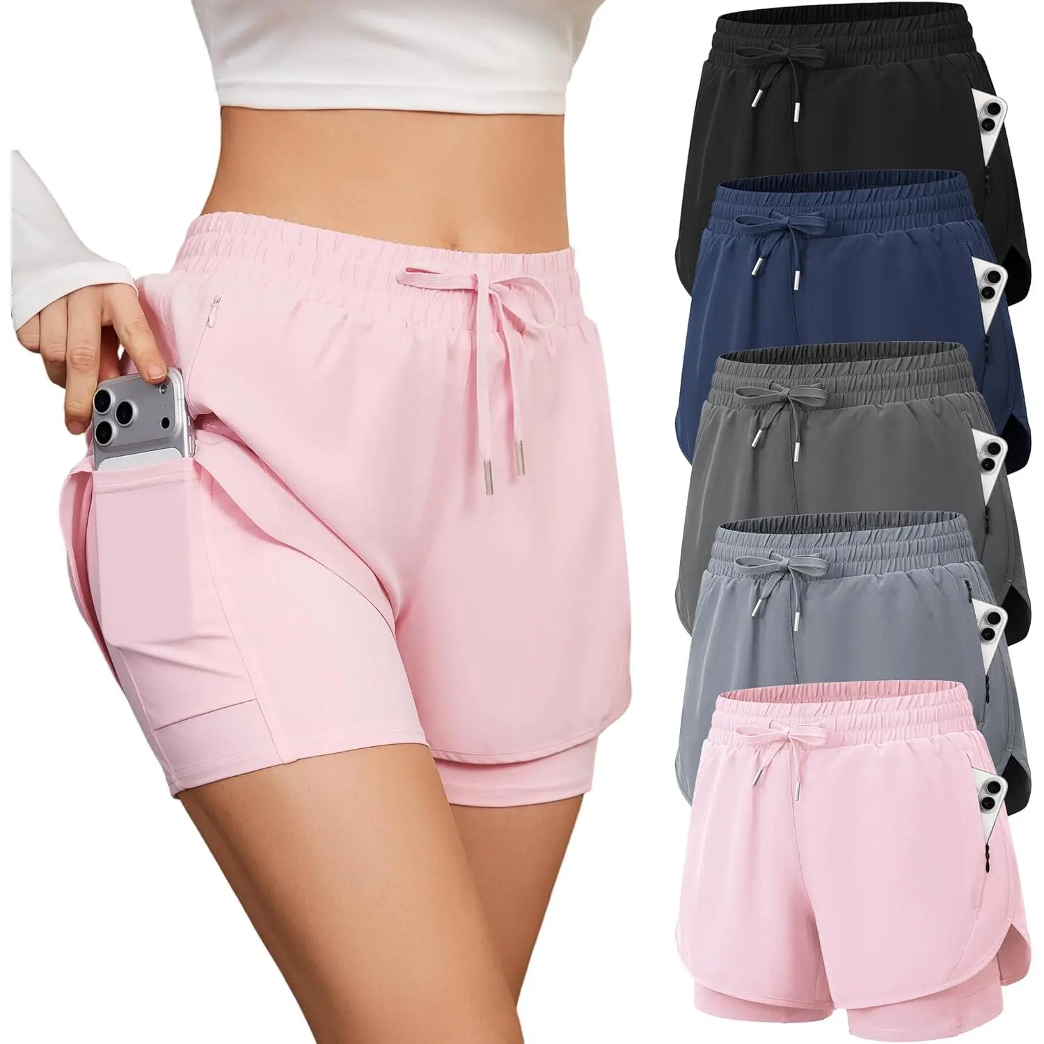 Women's 2-in-1 Running Shorts, Sporty Chic High Waisted Athletic Shorts with Built-in Liner and 4 Pockets for Gym, Yoga & Running, Hiking, Nylon, Active, 4 Functional Pockets, Breathable, Casual, Drawstring, Polyester Blend, Double-Layer