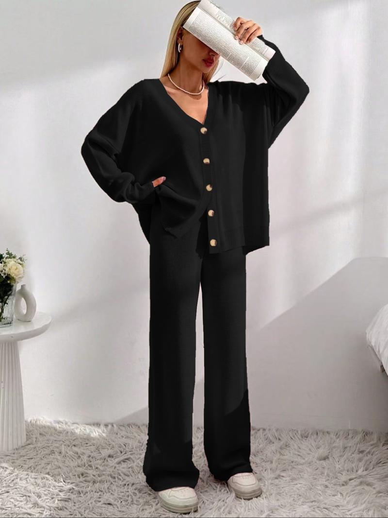 Women's Solid Button Front Drop Shoulder V Neck Cardigan & Elastic Waist Wide Leg Pants Two-piece Set, Casual Fashion Cozy Knitwear Set for Daily Outdoor Wear, Women's Knitwear for Fall & Winter Women's Solid Button Front Drop Shoulder V Neck Cardigan & Elastic Waist Wide Leg Pants Two-piece Set, Casual Fashion Cozy Knitwear Set for Daily Outdoor Wear, Women's Knitwear for Fall & Winter