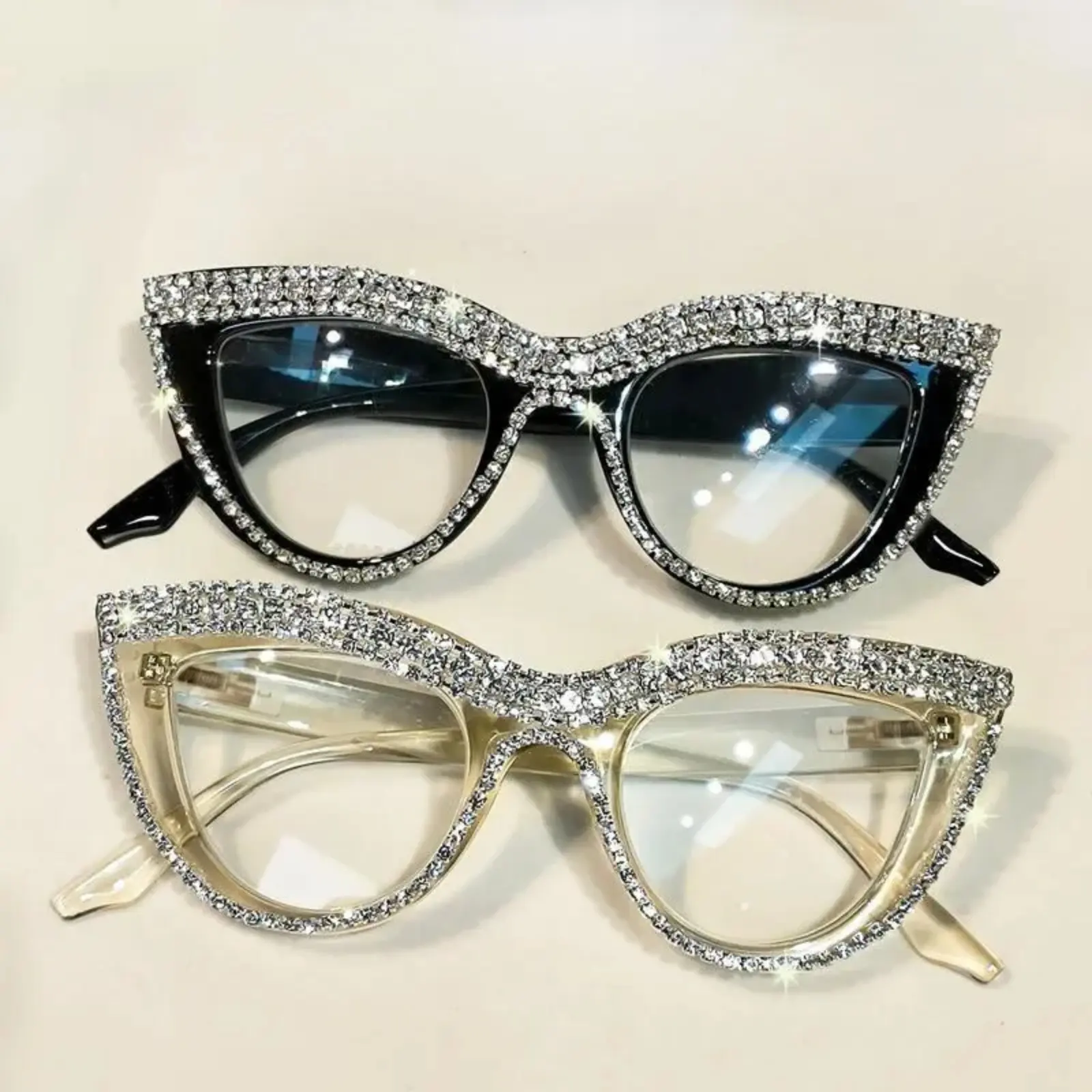 2-Pack Cat Eye Blue Light Glasses with Rhinestones Full-Frame PC Lenses for Women Black & Clear Decorative Eyewear Full Rim Frame