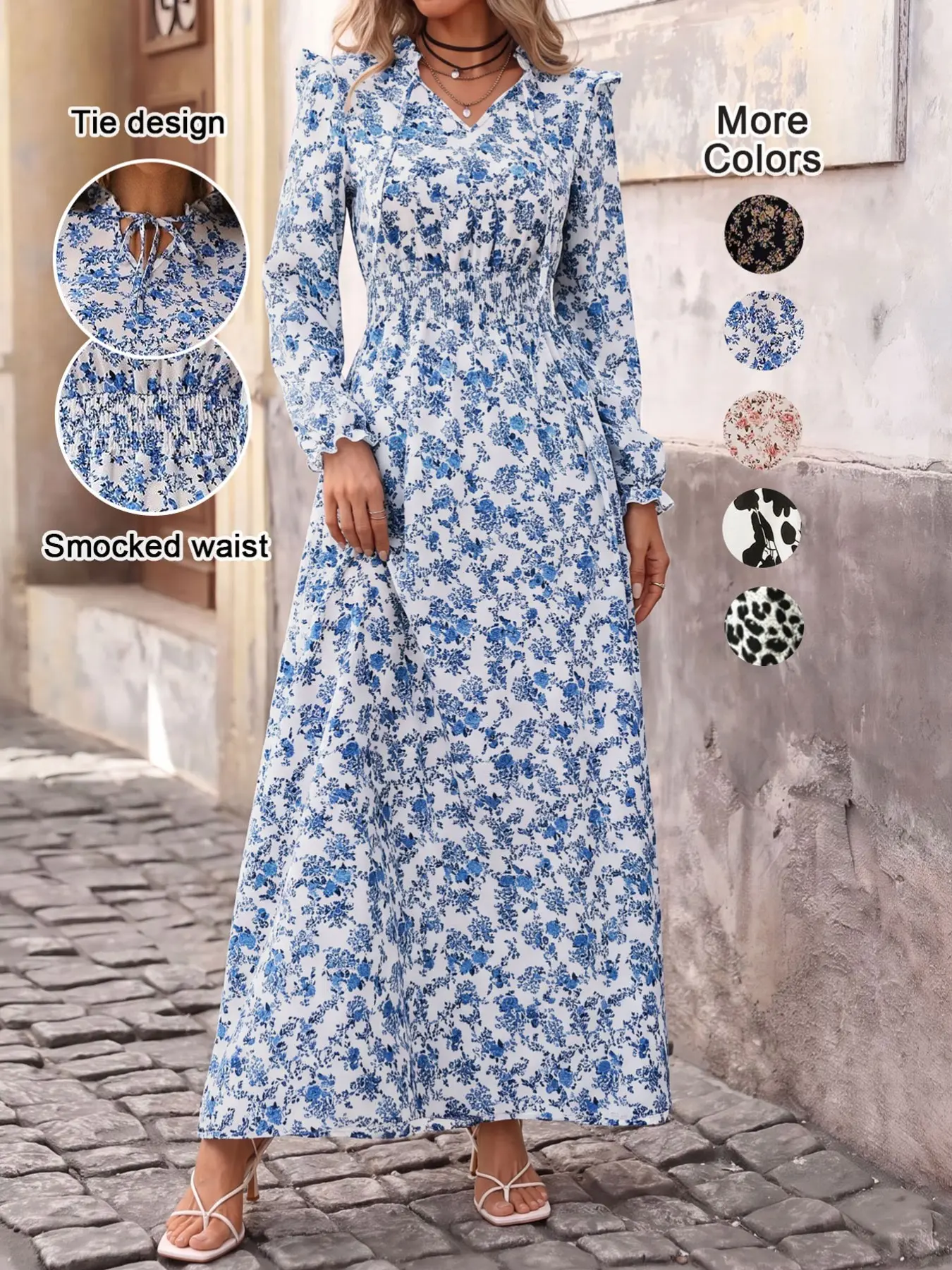 Women's Floral Print Self-Belted Neck Dress, Spring and Fall Long Sleeve A-Line Maxi Dress, Boho Bohemian Elegant Slimming Style, Elegance, Casual Boho Style