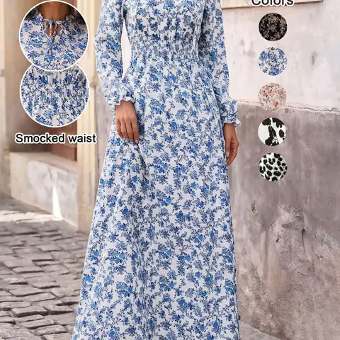 Women's Floral Print Self-Belted Neck Dress, Boho Floral Printed, Spring and Fall Long Sleeve A-Line Maxi Dress, Boho Bohemian Elegant Slimming Style, Elegance