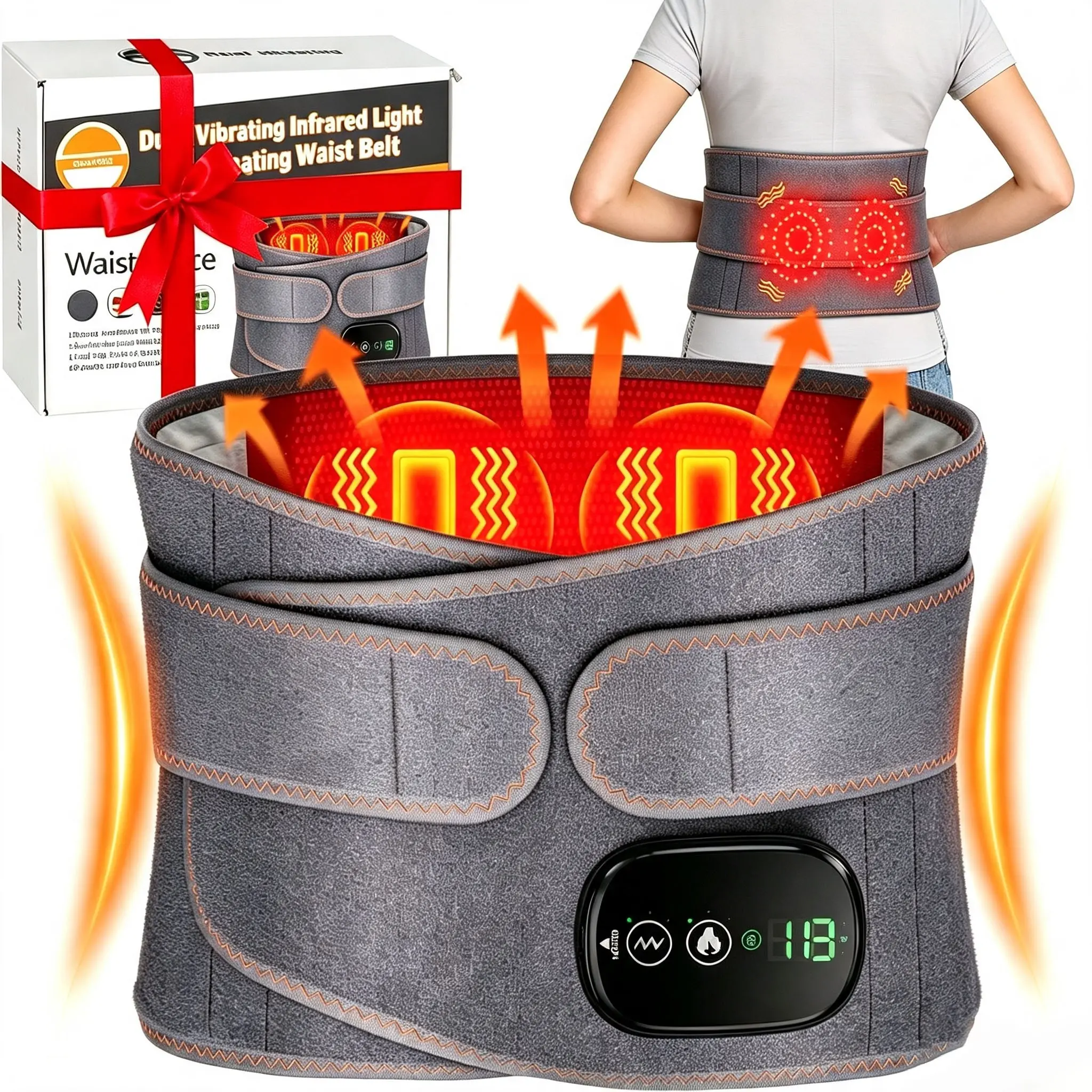 Portable Heating Pad for Back, Cordless Red Light Heated Lower Back Massager with 3 Vibration Modes & 3 Heat Levels, 5000mAh Battery, Rechargeable Waist Lumbar Wrap Belt, Relaxation Gifts for Men and Women