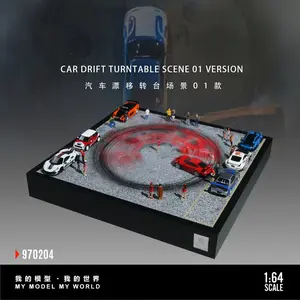 1:64 Scale Diorama Car Drift Turntable Scene Car Drifting Garage City Street Miniature Parking Lot Scene Display Case Rotatable Diecast Car Display Collection Gift