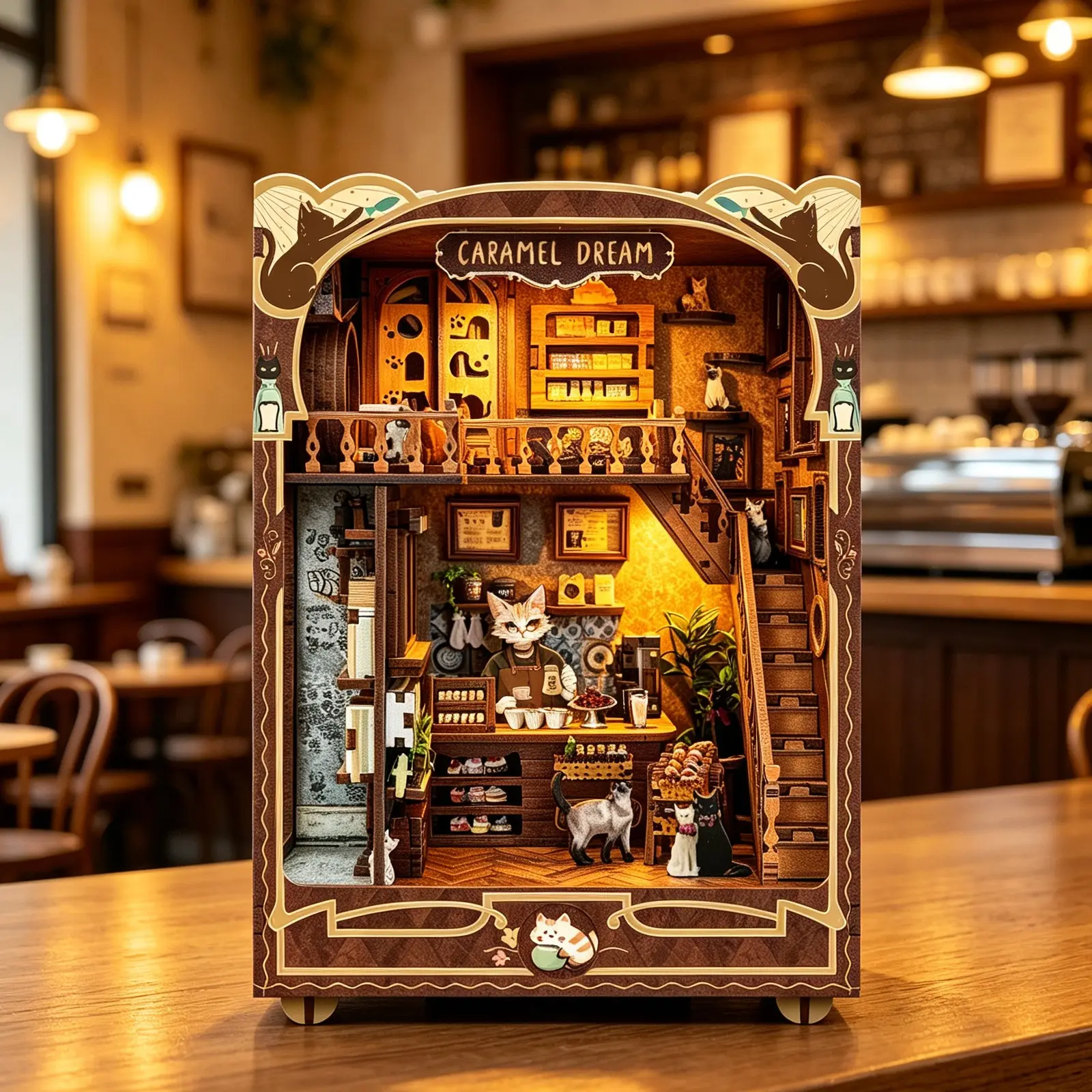 DIY Book Nook Kit, Caramel Dream Cat Café Miniature Dollhouse Bookend with LED Light, 3D Wooden Puzzle Book Nook Bookshelf Insert, DIY Model Building Kit Gift for Adults Cat Lovers Home Decor