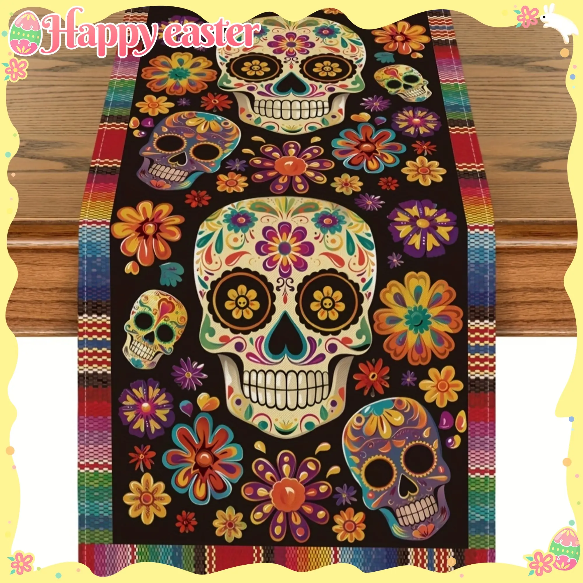 Mexican Day of the Dead Tablecloth: Festive flowers and sugar skulls decorate your home to welcome the Day of the Dead