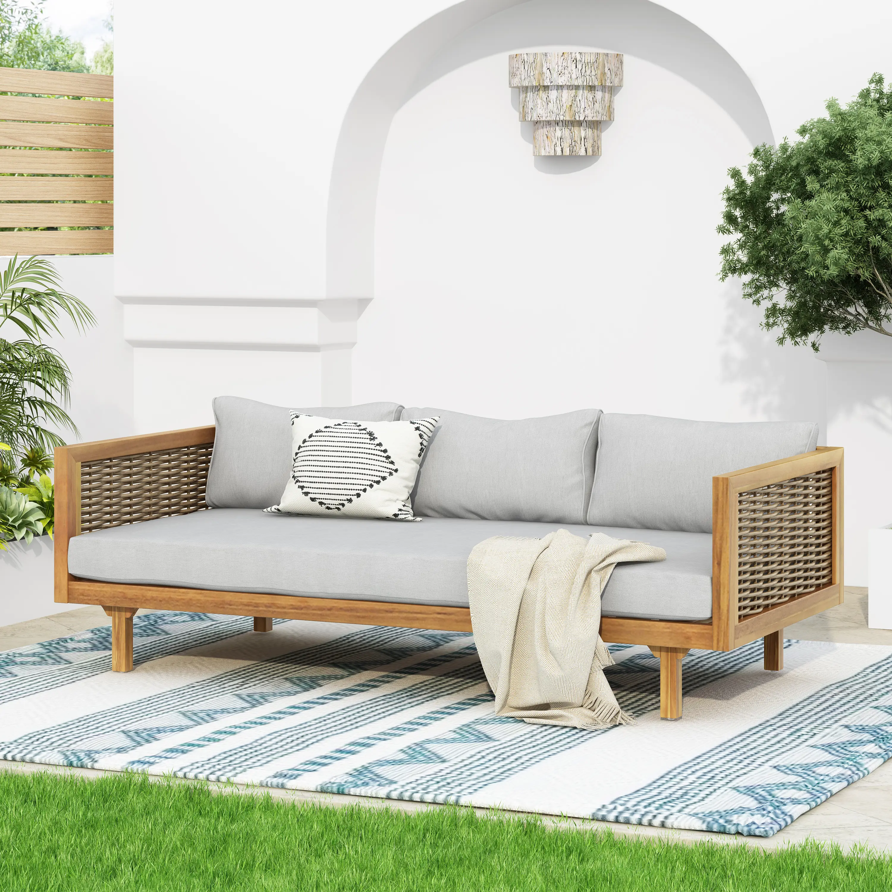 ARCH CLAREMONT Minimalist 3-Seater Rattan Woven Arms Indoor Day-to-Bed with Light Grey Cushion - Easy Assembly Home Office Living Room Furniture, Modern Sofa Bed, Three Seats