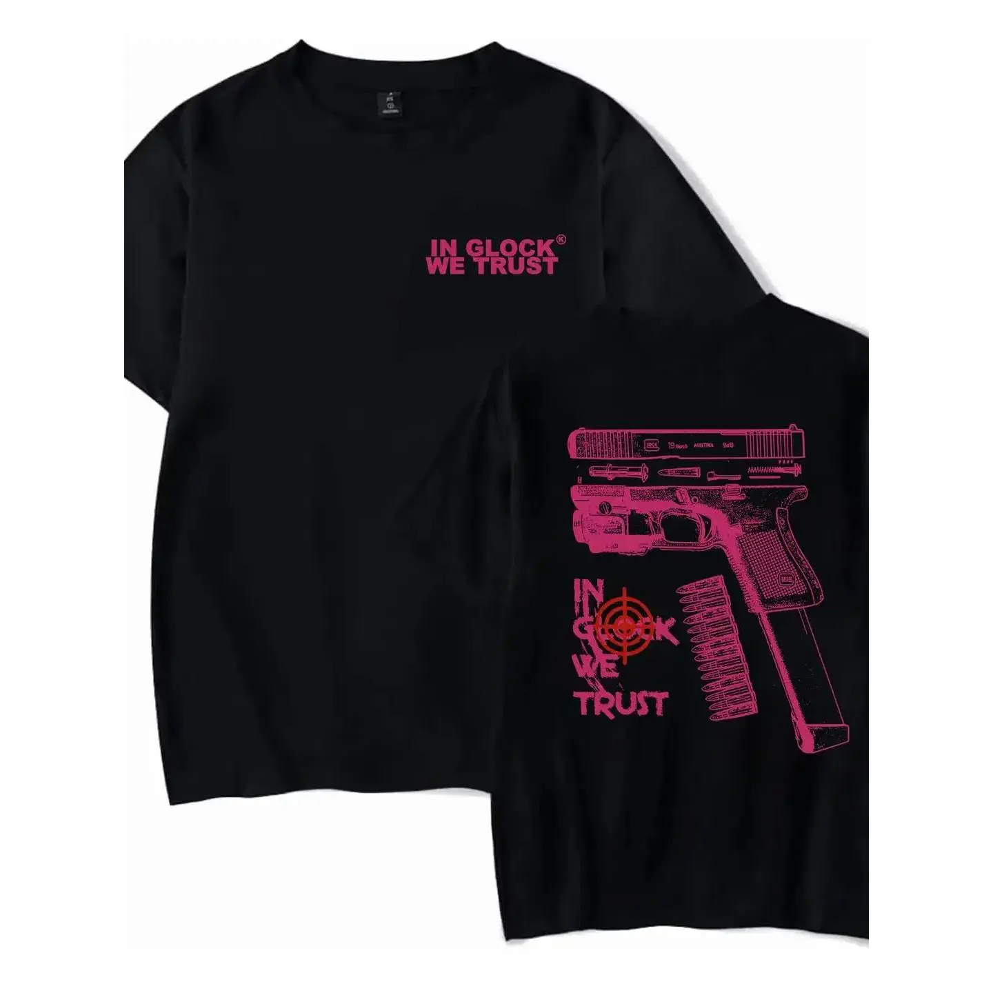 Men's Unisex Crew Neck Shortsleeve Cotton Graphic Tee - Distressed "In Glock We Trust", 2nd Amendment, Tactical Streetwear, Classic Stylish Casual Top, Gift for Gun Enthusiasts (Pairs with Jeans)