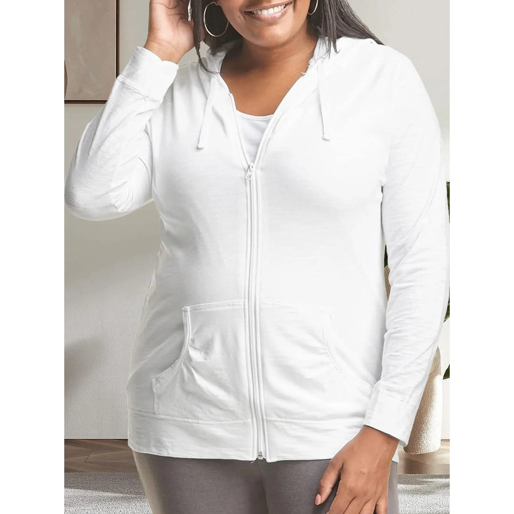 Women's Lightweight Pullover Hoodie Textured Knit Lounge Top for Plus Size Soft Stretch Comfort Wear Full Zip