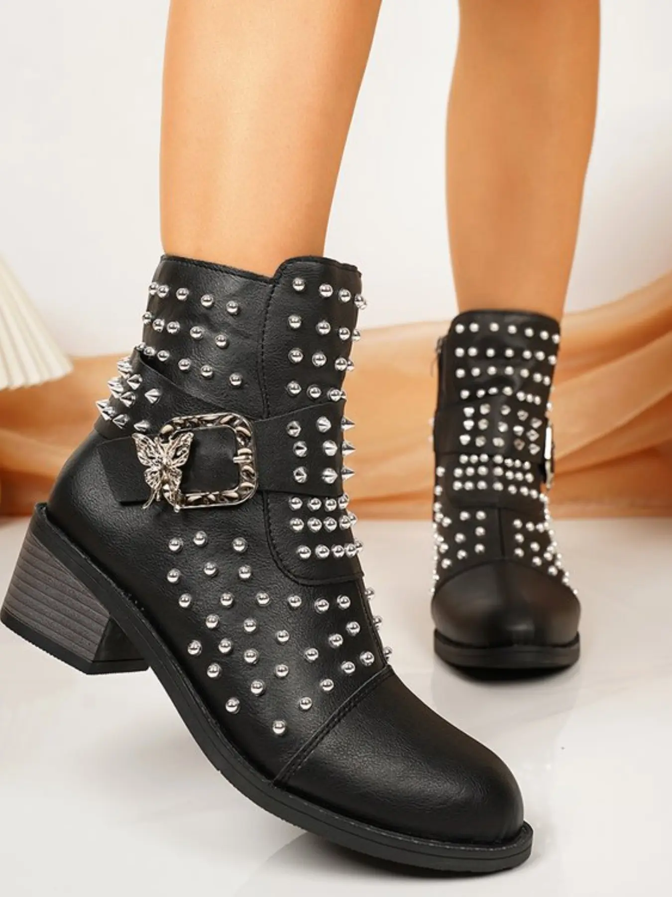 Silver Color Rivet Butterfly Buckle Boots, Punk Motorcycle Style, Chunky Heel for Height and Comfort, Hidden Side Zipper, All Seasons