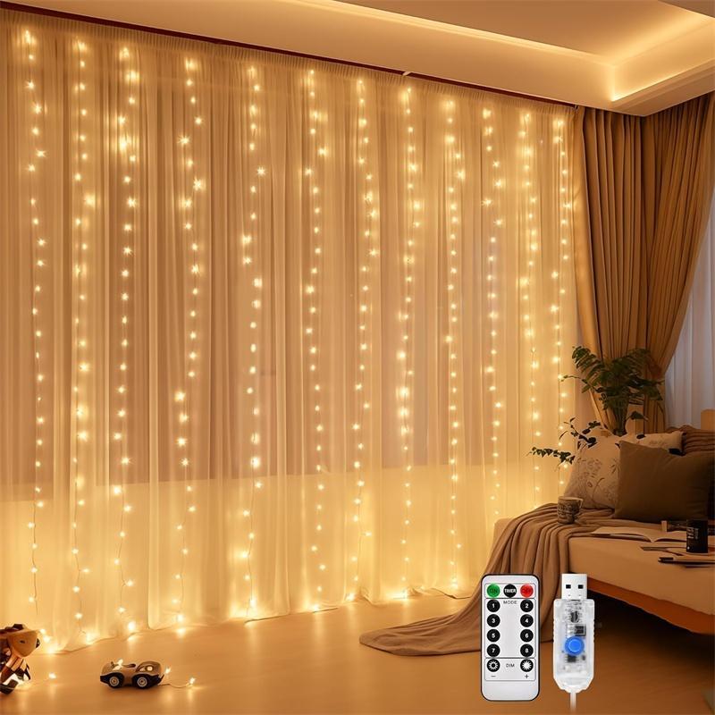 USB Powered LED Lights for Bedroom, 1 Count Decorative Atmosphere Lamp, Cozy Lighting, 300LEDs Curtain LED Light, 8 Modes Wall Mounted Flashing Light with Remote Control for Indoor & Outdoor Wedding Party Background Decoration