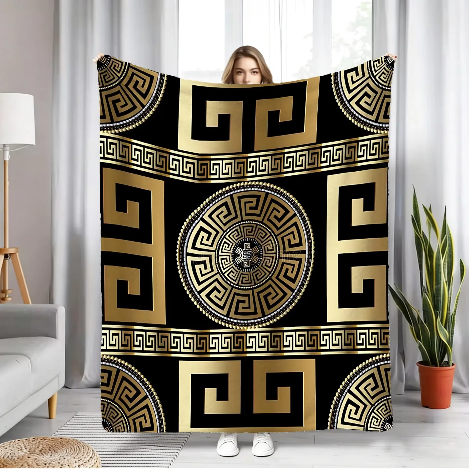 Black and Gold Greek Geometric Print Flannel Blanket Is A Comfortable and Soft Material, Suitable for All Seasons. It'S A Lightweight Soft Blanket Throw Ideal for Sofas, Beds, Office Naps, and Camping. A Perfect Gift for Lovers of Classic Art.