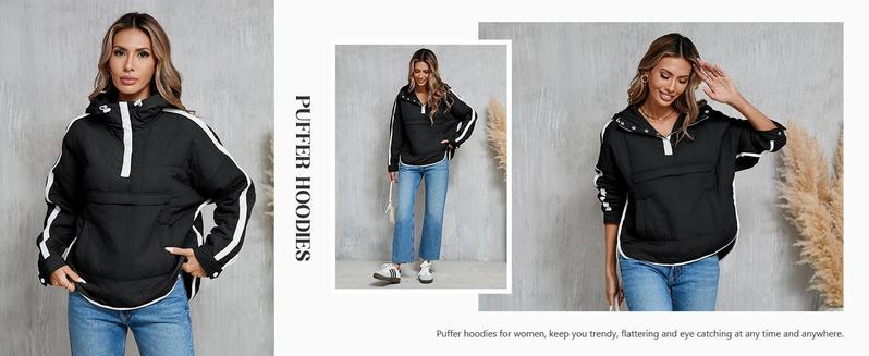 Imily Bela Womens Puffer Pullover Jacket Winter Quilted Hoodies Contrast Trim Hooded Puffy Coat Outerwear with Pockets