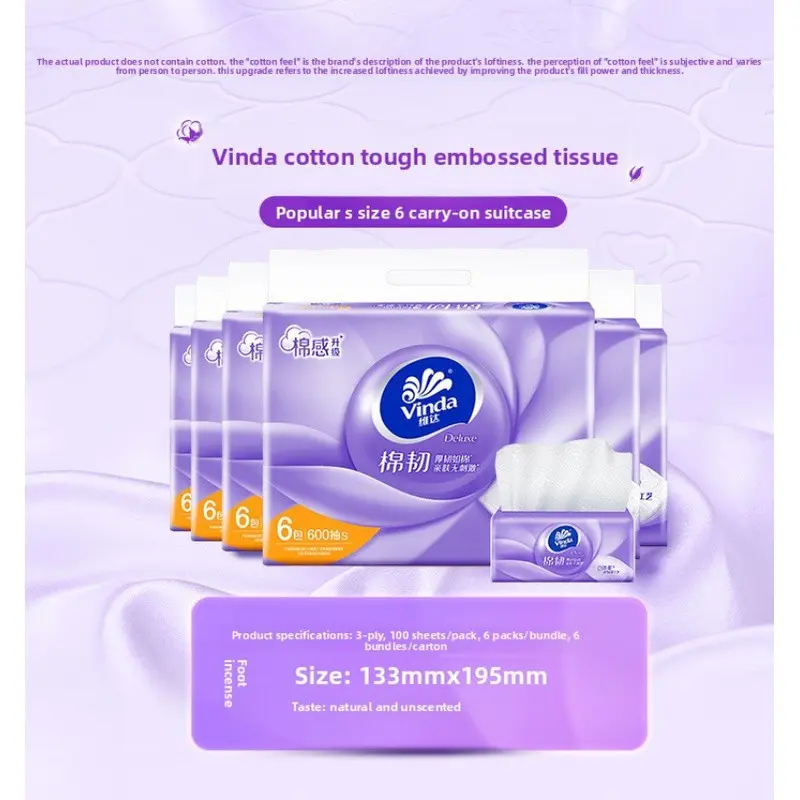 Vinda Toilet Paper, 3-Layered Unfragranced 6-Pack, 100 Sheets Per Pack, Premium Quality Facial Tissues, Ideal for Home Use